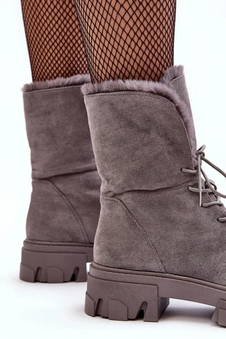 Boto Botki Sznurowane|Czarne Botki*Zamszowe Sznurowane Botki Workery Z Futerkiem Szare Frendo