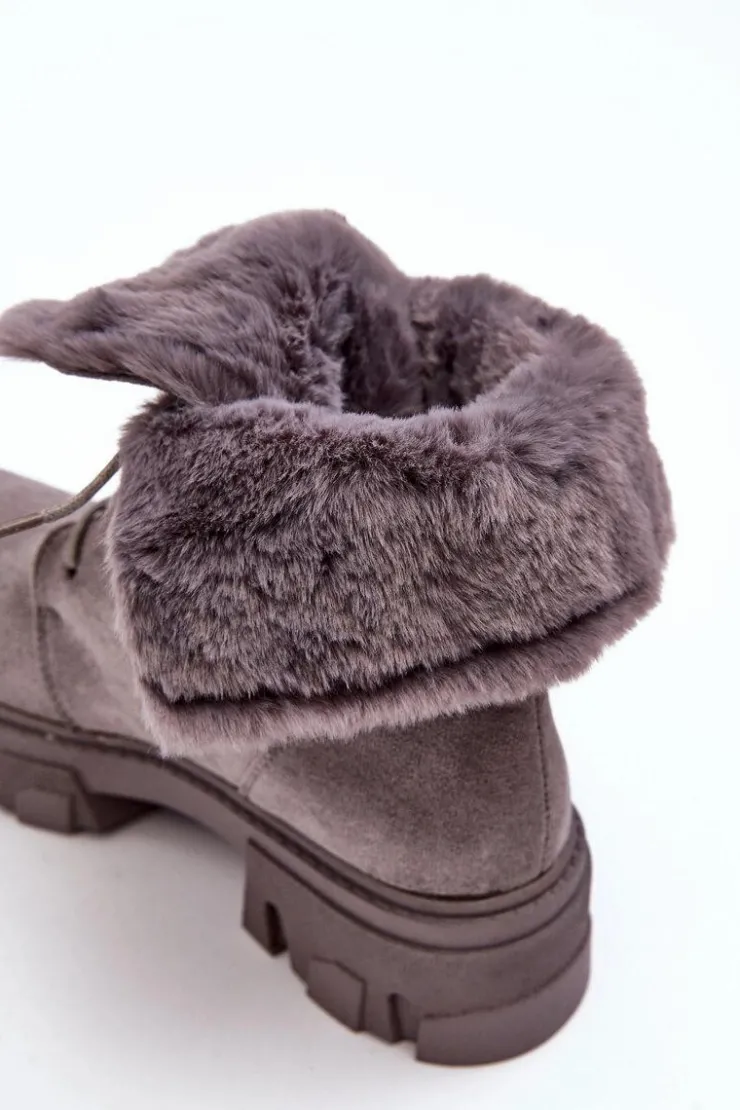 Boto Botki Sznurowane|Czarne Botki*Zamszowe Sznurowane Botki Workery Z Futerkiem Szare Frendo