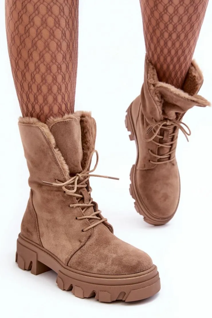 Boto Botki Sznurowane|Czarne Botki*Zamszowe Sznurowane Botki Workery Z Futerkiem Ciemnobeżowe Frendo