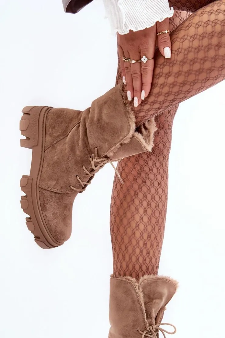 Boto Botki Sznurowane|Czarne Botki*Zamszowe Sznurowane Botki Workery Z Futerkiem Ciemnobeżowe Frendo