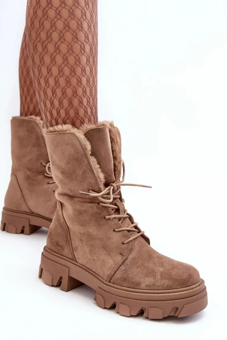 Boto Botki Sznurowane|Czarne Botki*Zamszowe Sznurowane Botki Workery Z Futerkiem Ciemnobeżowe Frendo