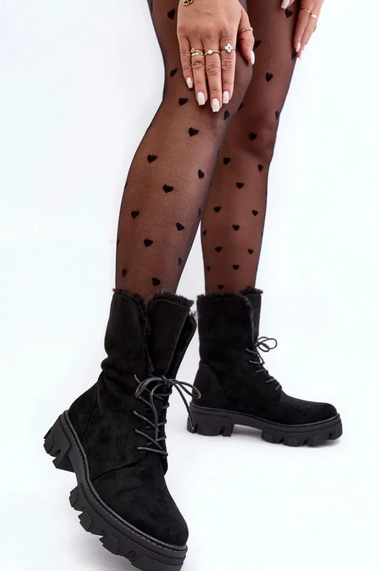 Best Boto Zamszowe Sznurowane Botki Workery Z Futerkiem Czarne Frendo Czarny