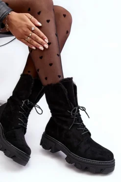 Best Boto Zamszowe Sznurowane Botki Workery Z Futerkiem Czarne Frendo Czarny