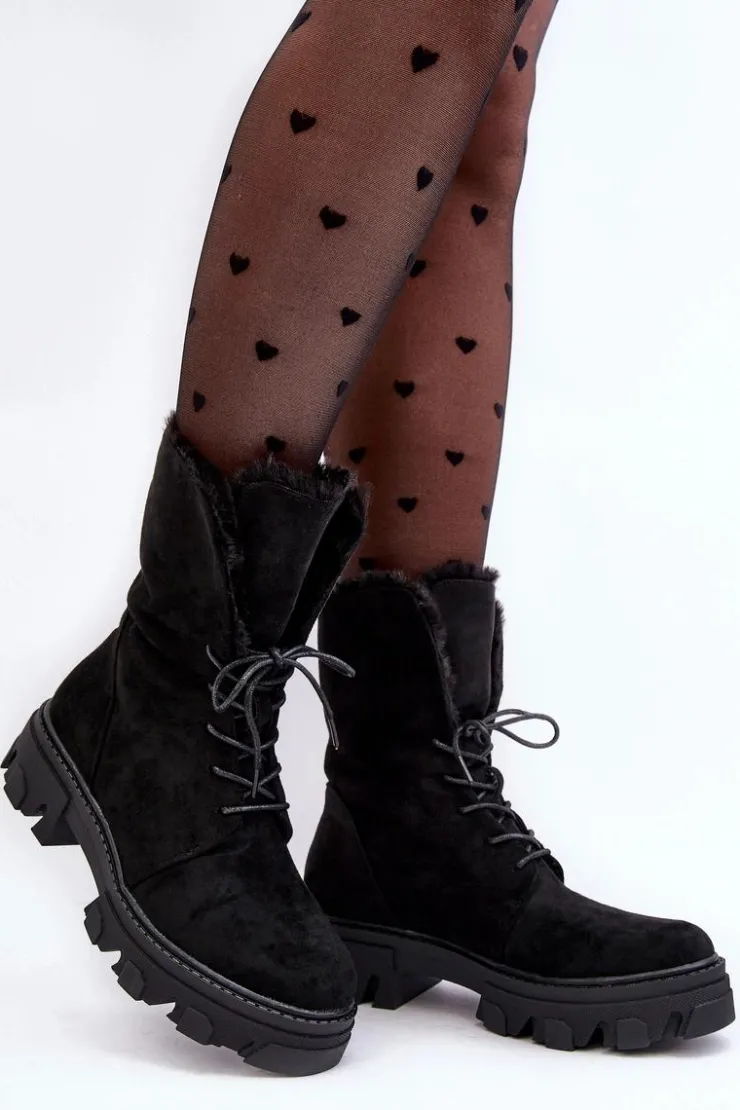 Best Boto Zamszowe Sznurowane Botki Workery Z Futerkiem Czarne Frendo Czarny