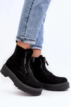 Hot Boto Zamszowe Trapery Botki Damskie Na Grubej Podeszwie Z Suwakiem Czarne Edivame