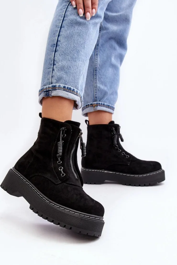 Hot Boto Zamszowe Trapery Botki Damskie Na Grubej Podeszwie Z Suwakiem Czarne Edivame