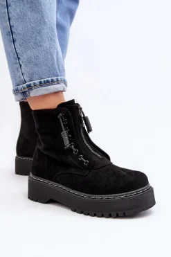 Hot Boto Zamszowe Trapery Botki Damskie Na Grubej Podeszwie Z Suwakiem Czarne Edivame