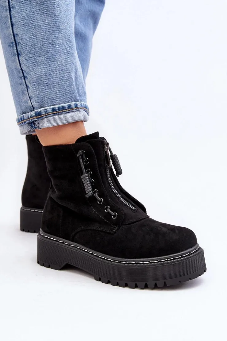 Hot Boto Zamszowe Trapery Botki Damskie Na Grubej Podeszwie Z Suwakiem Czarne Edivame