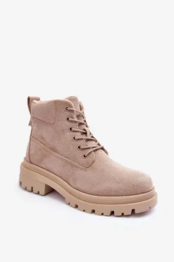 Damskie Boto Zamszowe Trapery Botki Ocieplane Beżowe Alden