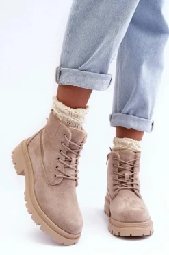 Damskie Boto Zamszowe Trapery Botki Ocieplane Beżowe Alden