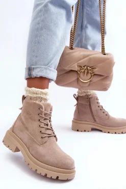 Damskie Boto Zamszowe Trapery Botki Ocieplane Beżowe Alden