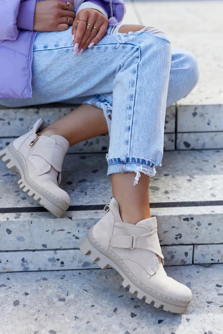 Damskie buty S.Barski Zamszowe Wiosenne Botki Trapery Na Suwak Jasnobeżowe Remgate