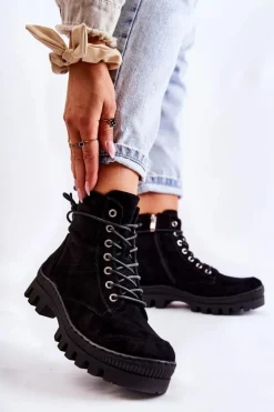 Damskie buty S.Barski Botki Wiosenne|Damskie Trapery*Zamszowe Wiosenne Botki Trapery Z Przeszyciami Czarne Layden Czarny