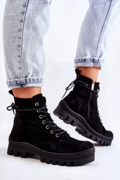 Damskie buty S.Barski Botki Wiosenne|Damskie Trapery*Zamszowe Wiosenne Botki Trapery Z Przeszyciami Czarne Layden Czarny