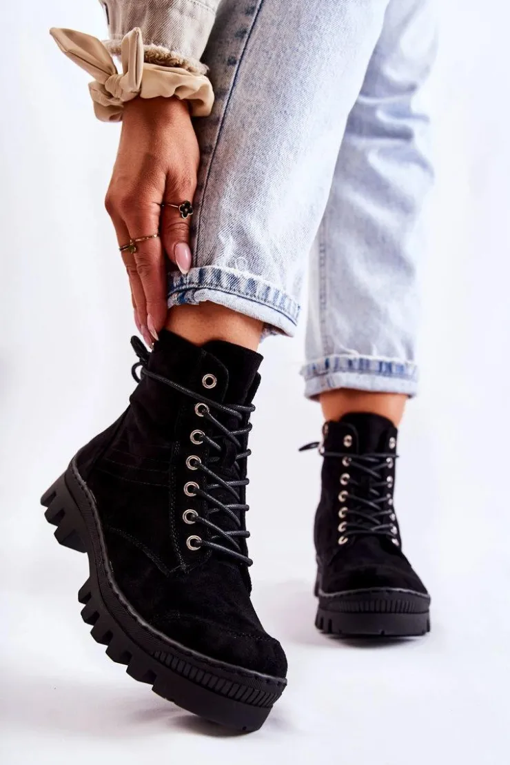 Damskie buty S.Barski Botki Wiosenne|Damskie Trapery*Zamszowe Wiosenne Botki Trapery Z Przeszyciami Czarne Layden Czarny