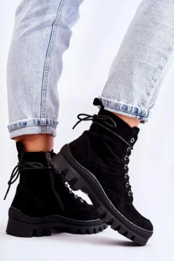 Damskie buty S.Barski Botki Wiosenne|Damskie Trapery*Zamszowe Wiosenne Botki Trapery Z Przeszyciami Czarne Layden Czarny