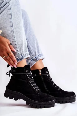 Damskie buty S.Barski Botki Wiosenne|Damskie Trapery*Zamszowe Wiosenne Botki Trapery Z Przeszyciami Czarne Layden Czarny