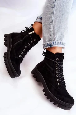 Damskie buty S.Barski Botki Wiosenne|Damskie Trapery*Zamszowe Wiosenne Botki Trapery Z Przeszyciami Czarne Layden Czarny