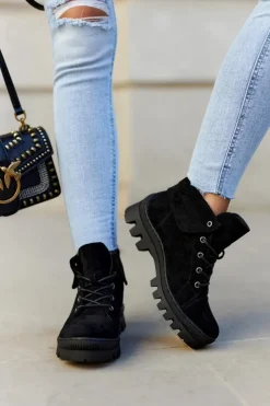 Damskie Damskie buty S.Barski Zamszowe Wiosenne Botki Trapery Wiązane Czarne Dalles