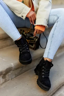 Damskie Damskie buty S.Barski Zamszowe Wiosenne Botki Trapery Wiązane Czarne Dalles