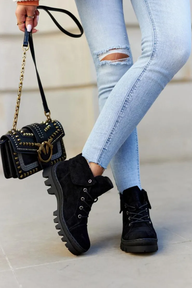 Damskie Damskie buty S.Barski Zamszowe Wiosenne Botki Trapery Wiązane Czarne Dalles