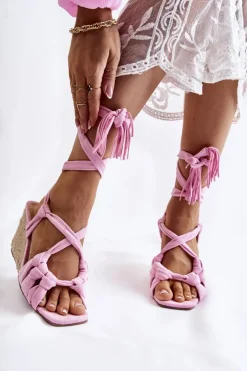 Damskie Boto Zamszowe Wiązane Sandały Na Koturnie Różowe Flavia