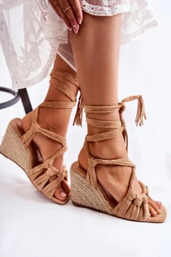 New Boto Zamszowe Wiązane Sandały Na Koturnie Beżowe Flavia Beżowy