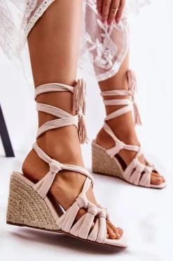 Boto Sandały Na Koturnie*Zamszowe Wiązane Sandały Na Koturnie Jasnobeżowe Flavia Beżowy