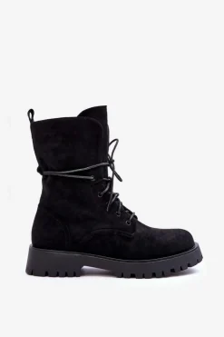 Damskie Boto Zamszowe Workery Botki Na Płaskim Obcasie Czarne Jence