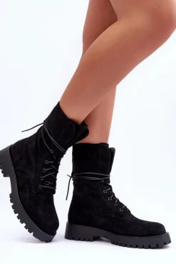 Damskie Boto Zamszowe Workery Botki Na Płaskim Obcasie Czarne Jence