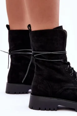 Damskie Boto Zamszowe Workery Botki Na Płaskim Obcasie Czarne Jence