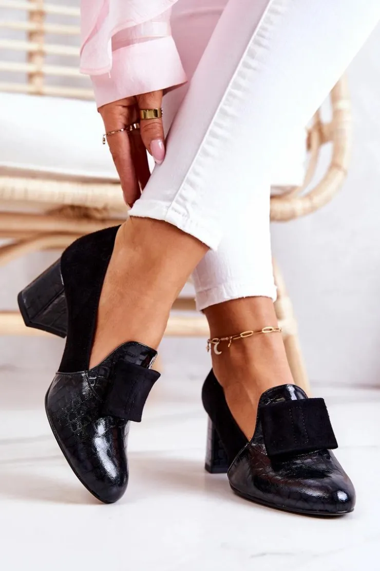 Boto Czółenka Zamszowe|Czółenka Na Słupku*Zamszowe Wężowe Czółenka Czarne Diana