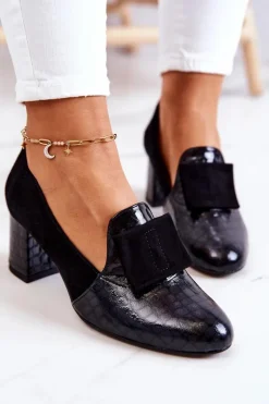 Boto Czółenka Zamszowe|Czółenka Na Słupku*Zamszowe Wężowe Czółenka Czarne Diana