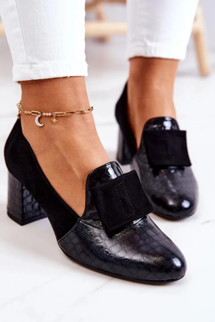 Boto Czółenka Zamszowe|Czółenka Na Słupku*Zamszowe Wężowe Czółenka Czarne Diana