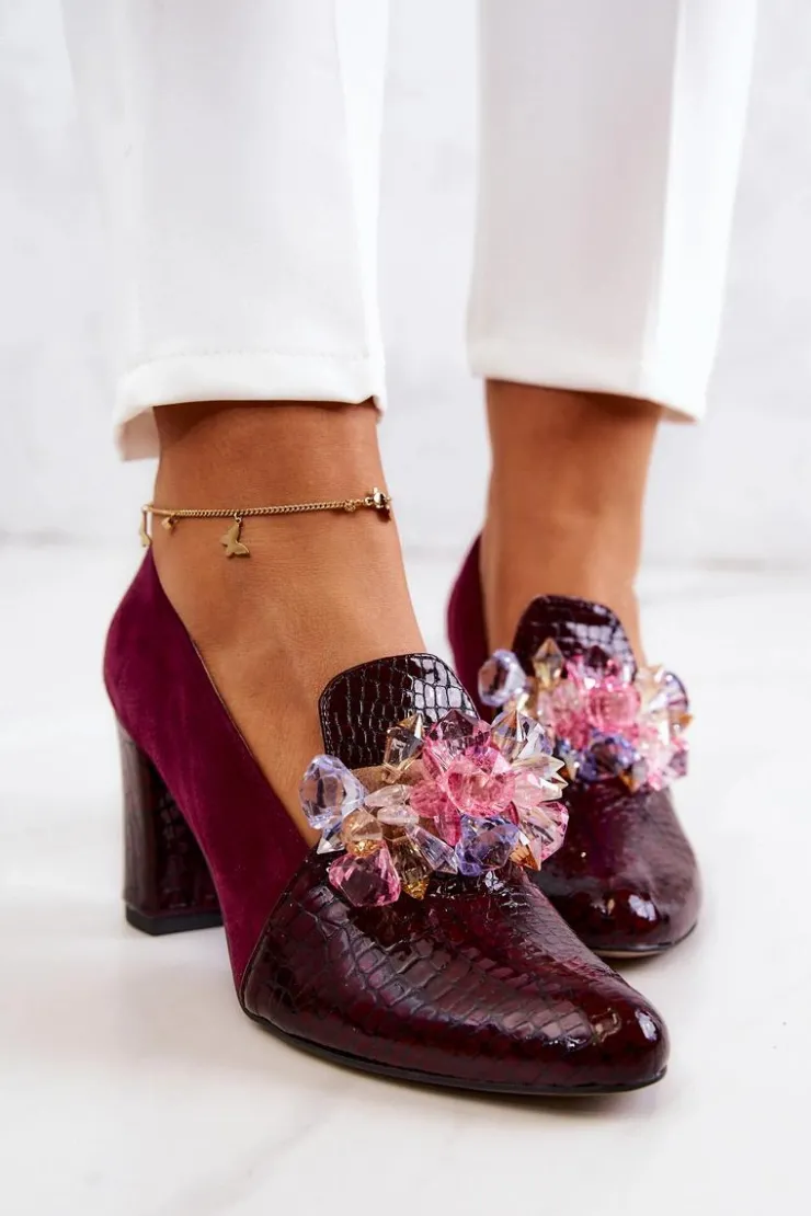 Damskie Boto Zamszowe Wężowe Czółenka Z Ozdobą Bordowe Mallory