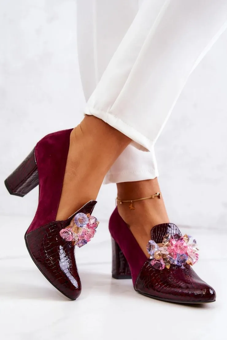 Damskie Boto Zamszowe Wężowe Czółenka Z Ozdobą Bordowe Mallory