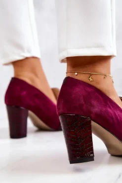 Damskie Boto Zamszowe Wężowe Czółenka Z Ozdobą Bordowe Mallory