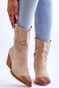 Boto Botki Wiosenne|Botki Na Słupku*Zamszowe Wsuwane Botki Kowbojki Beżowe Sevilla