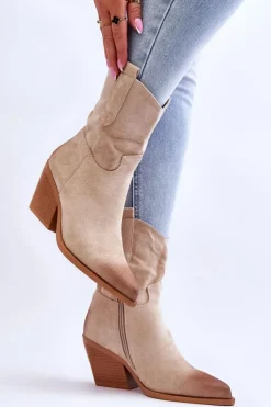 Boto Botki Wiosenne|Botki Na Słupku*Zamszowe Wsuwane Botki Kowbojki Beżowe Sevilla