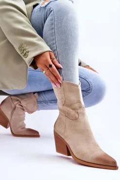 Boto Botki Wiosenne|Botki Na Słupku*Zamszowe Wsuwane Botki Kowbojki Beżowe Sevilla