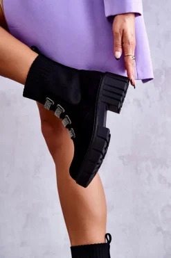 Damskie Boto Zamszowe Wsuwane Botki Skarpetkowe Czarne Hope