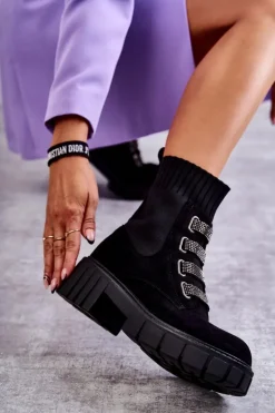 Damskie Boto Zamszowe Wsuwane Botki Skarpetkowe Czarne Hope