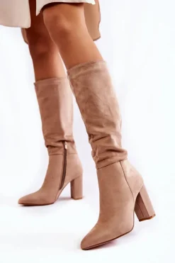 Clearance Boto Zamszowe Wsuwane Kozaki Na Obcasie Beżowe Miriam