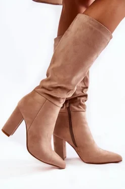 Clearance Boto Zamszowe Wsuwane Kozaki Na Obcasie Beżowe Miriam