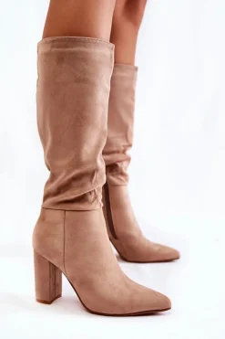 Clearance Boto Zamszowe Wsuwane Kozaki Na Obcasie Beżowe Miriam