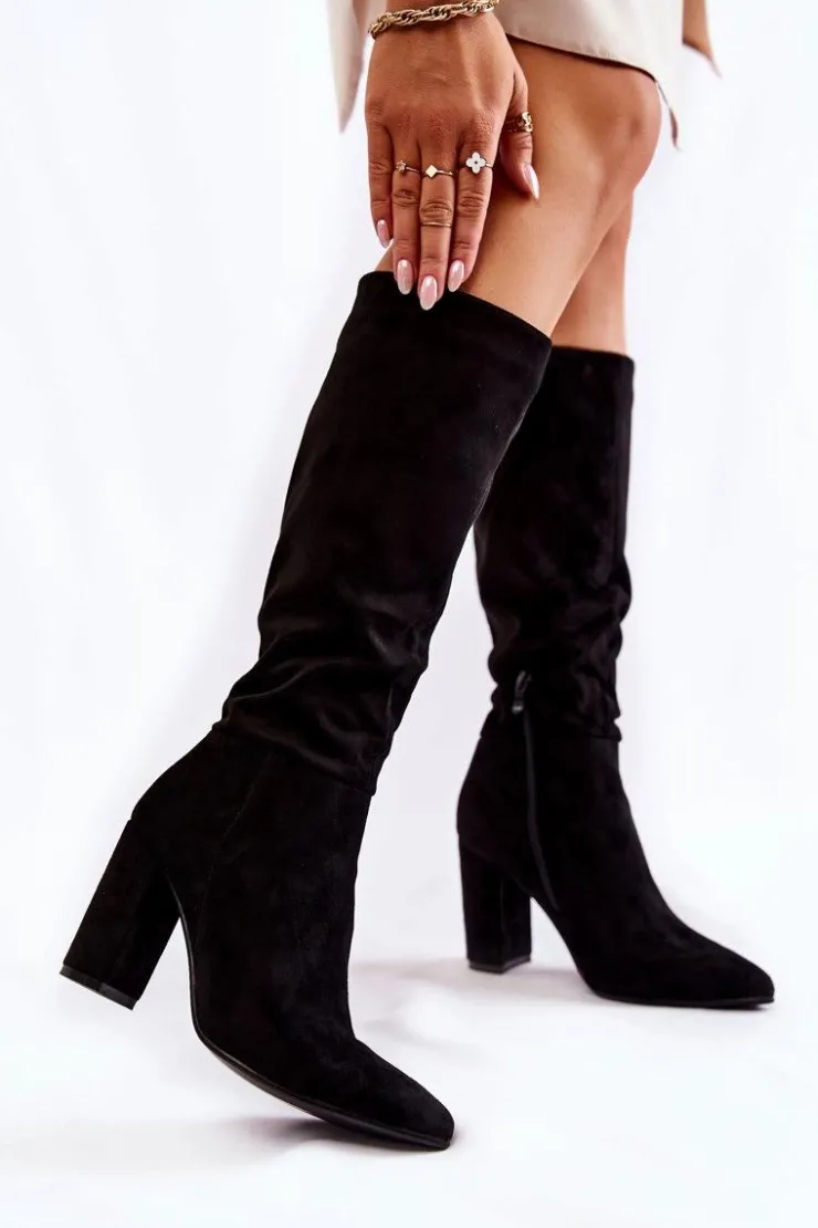 Boto Kozaki Wiosenne|Kozaki Przed Kolano*Zamszowe Wsuwane Kozaki Na Obcasie Czarne Miriam