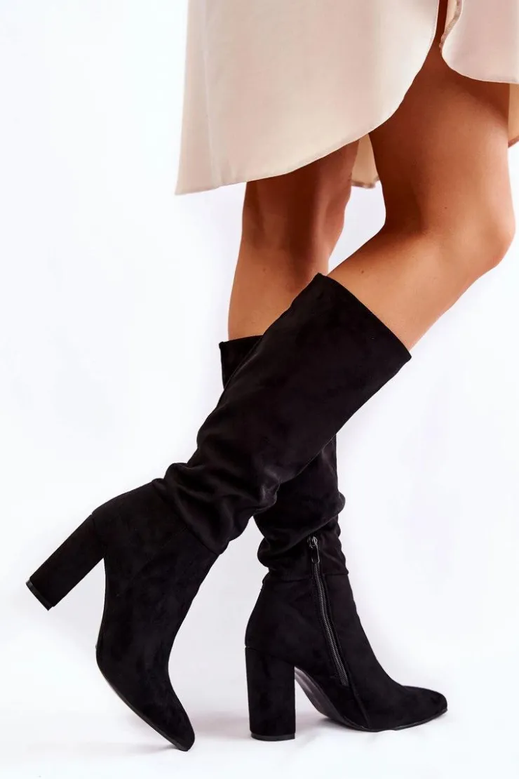 Boto Kozaki Wiosenne|Kozaki Przed Kolano*Zamszowe Wsuwane Kozaki Na Obcasie Czarne Miriam