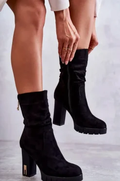 Damskie Boto Zamszowe Wysokie Botki Na Słupku Czarne Volter