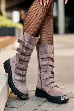 Boto Botki Zimowe Damskie|Brązowe I Beżowe Botki*Zamszowe Wysokie Botki Workery Z Paskami Ciemnobeżowe Elnatea