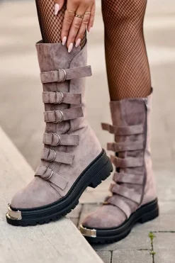 Boto Botki Zimowe Damskie|Brązowe I Beżowe Botki*Zamszowe Wysokie Botki Workery Z Paskami Ciemnobeżowe Elnatea